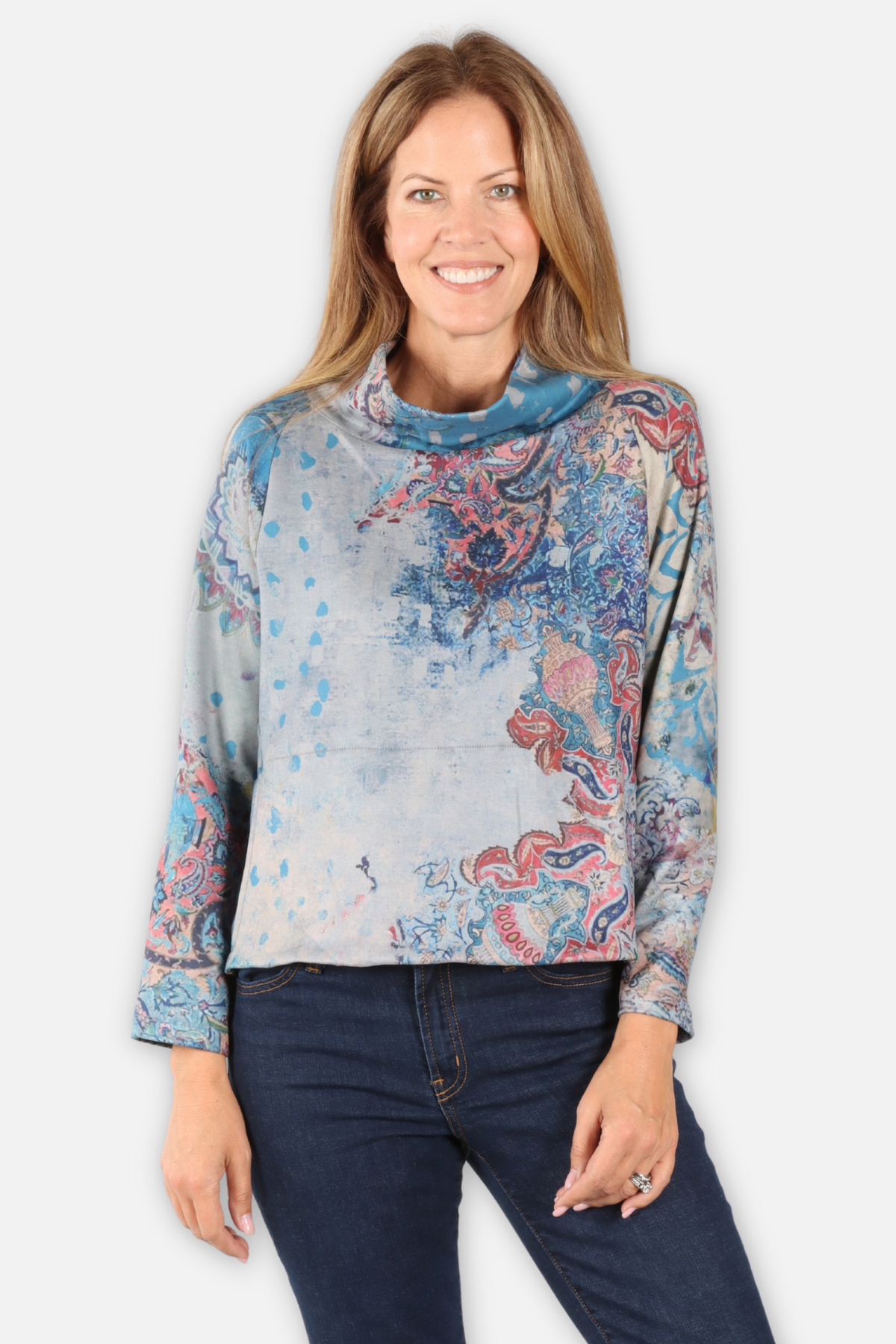 Wide Mock Neck Top - Majolica Abstract