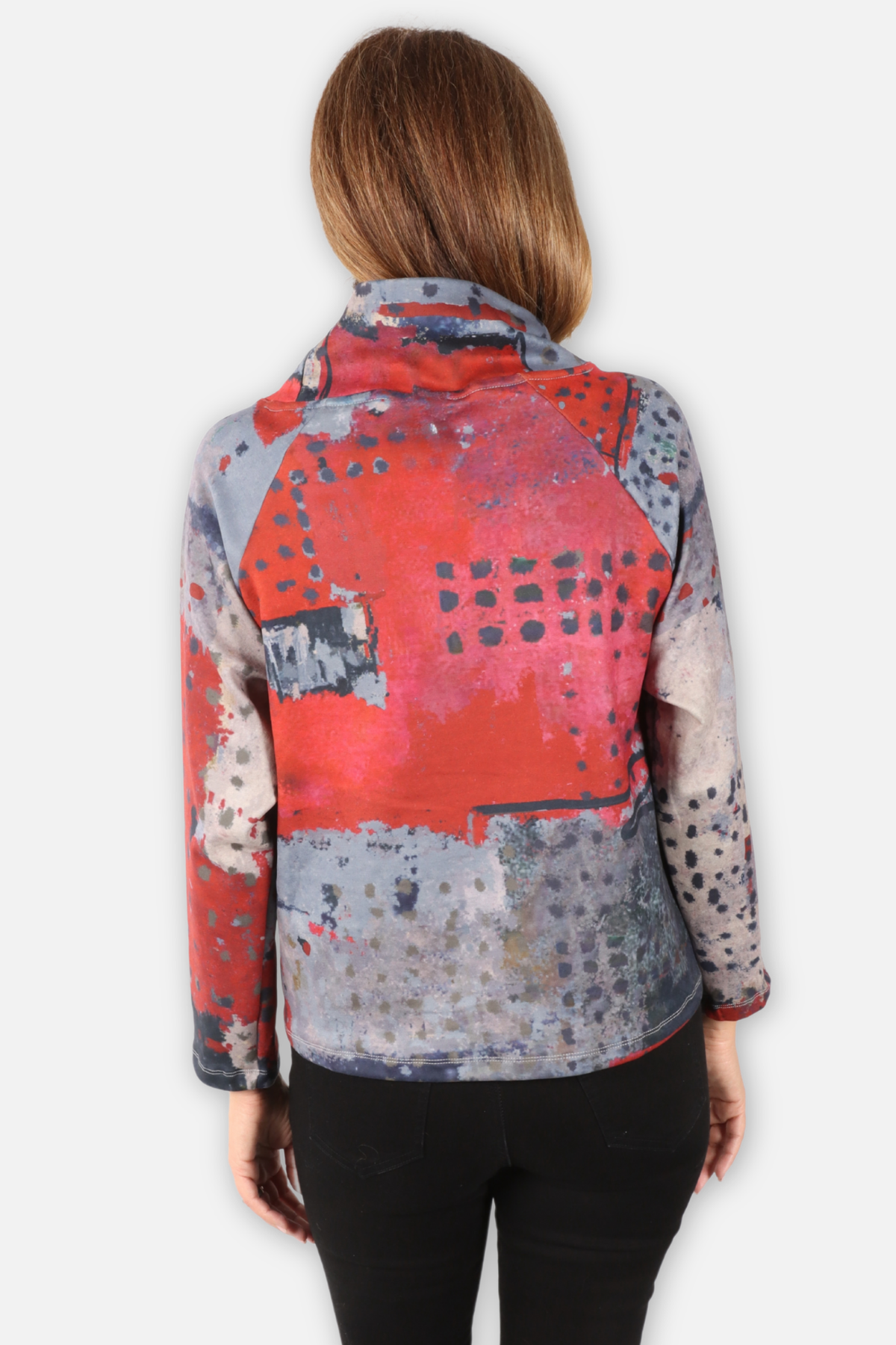 Wide Mock Neck Top - Red Abstract