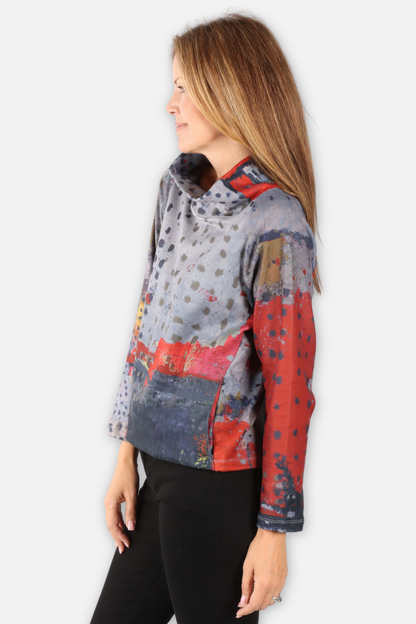 Wide Mock Neck Top - Red Abstract