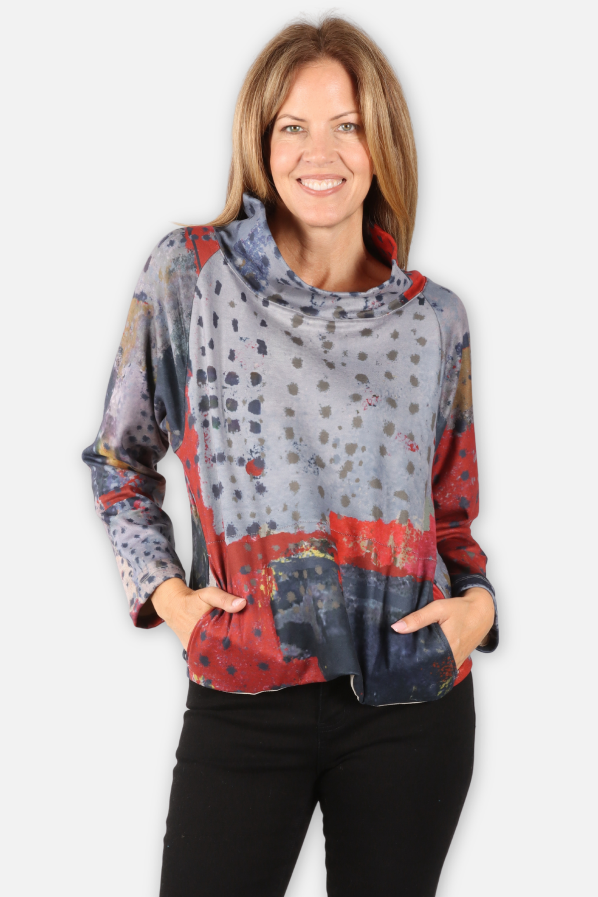 Wide Mock Neck Top - Red Abstract