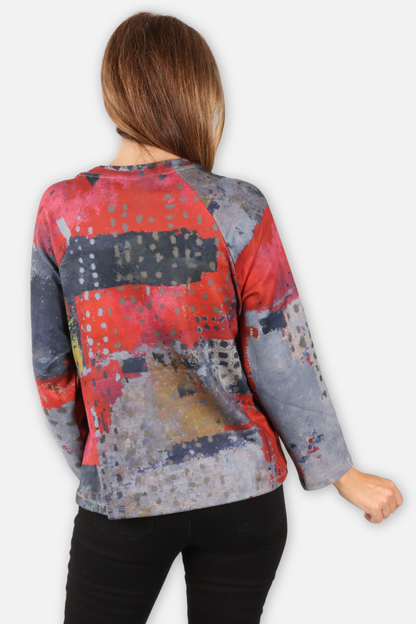 Round Neck Pocket Top - Red Abstract