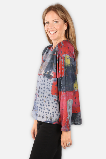 Round Neck Pocket Top - Red Abstract