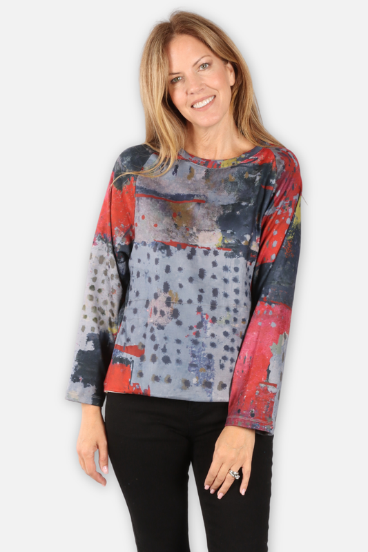 Round Neck Pocket Top - Red Abstract