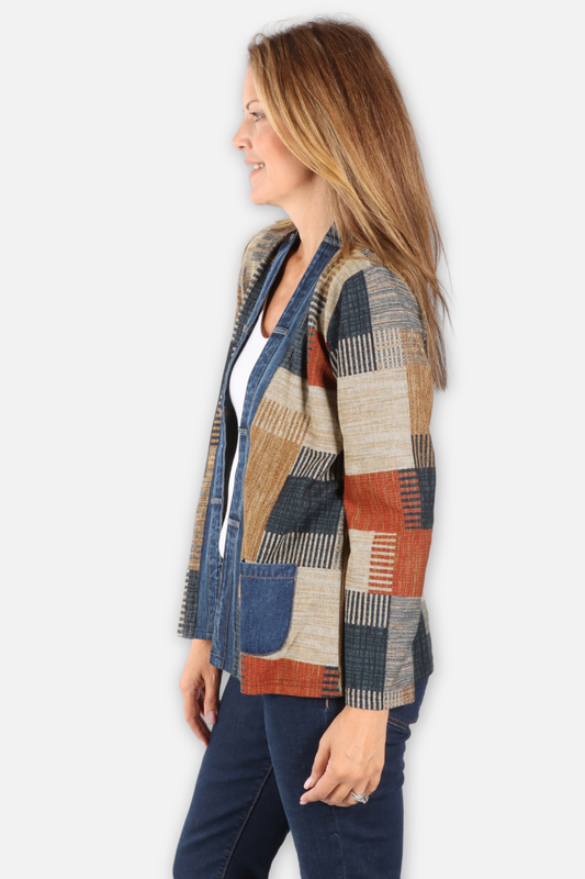 Kacey Open Jacket - Tan & Blue Multi
