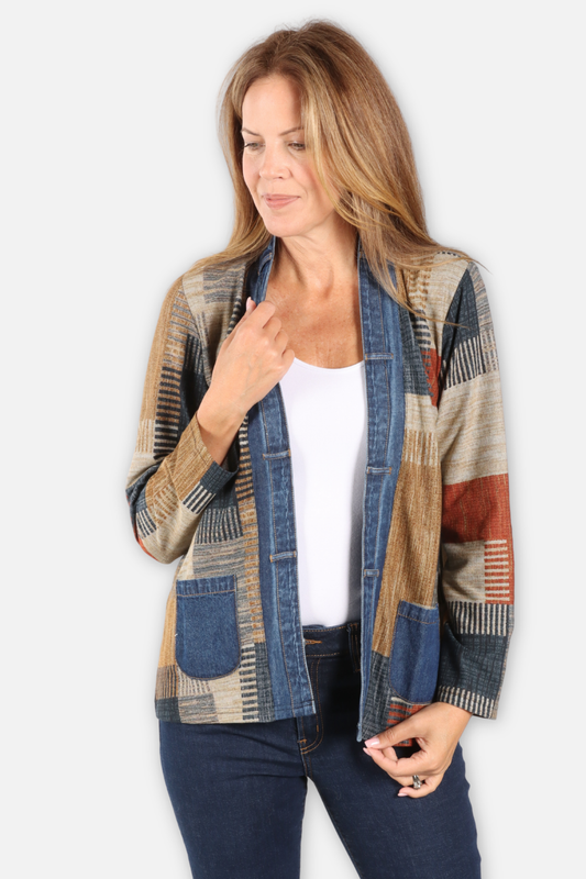 Kacey Open Jacket - Tan & Blue Multi