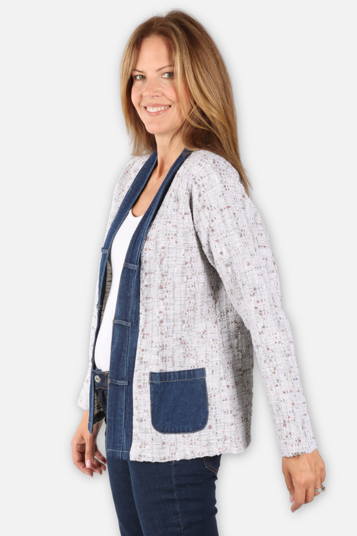 Wallis Open Jacket Plus - Neutral Multi & Blue