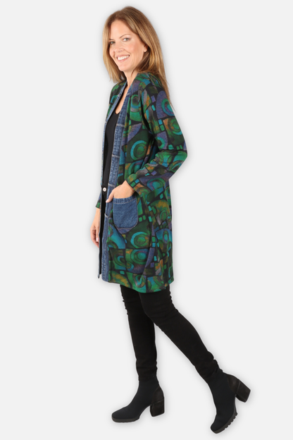Hanna Long Reversible Open Jacket - Green Multi & Black
