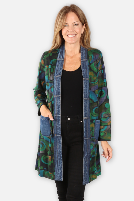 Hanna Long Reversible Open Jacket Plus - Green Multi & Black