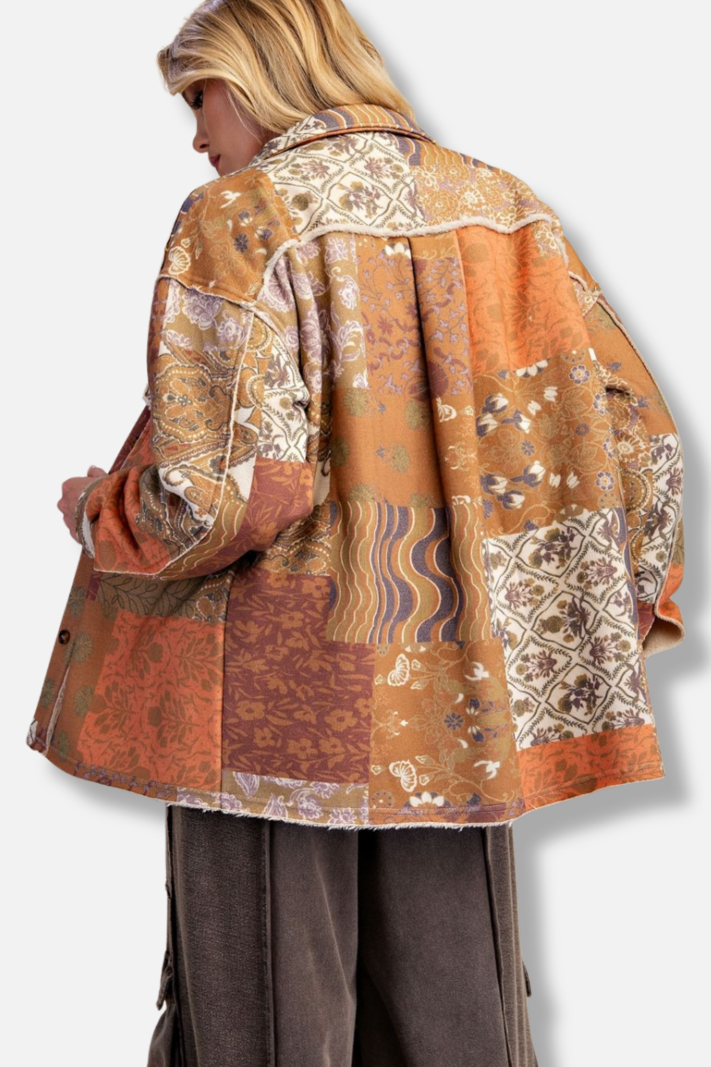 Patch Print Fleece Shacket - Walnut