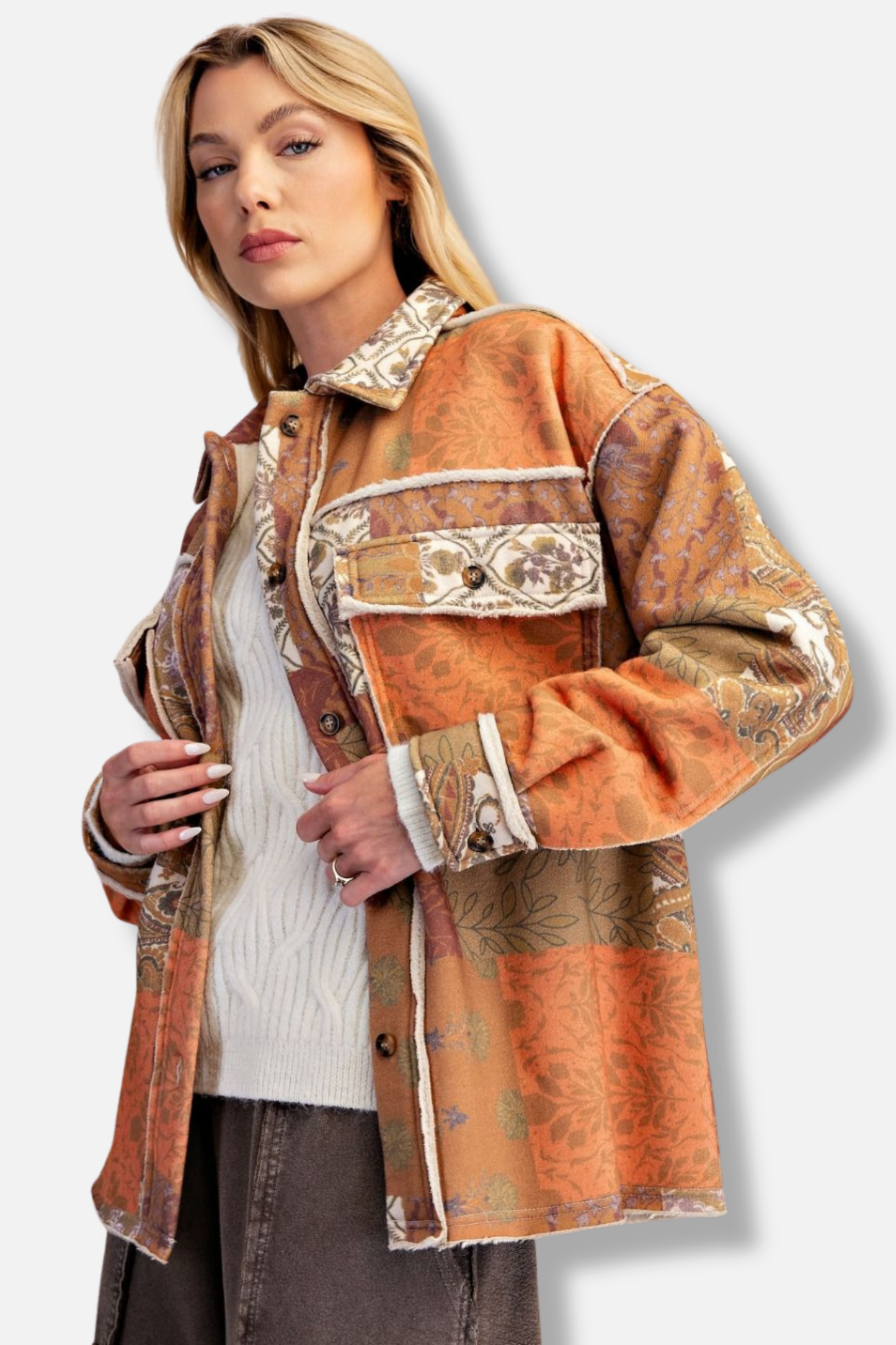 Patch Print Fleece Shacket - Walnut