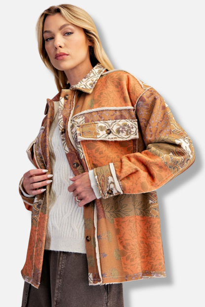 Patch Print Fleece Shacket - Walnut