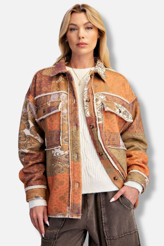 Patch Print Fleece Shacket - Walnut