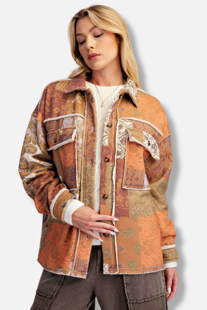 Patch Print Fleece Shacket - Walnut
