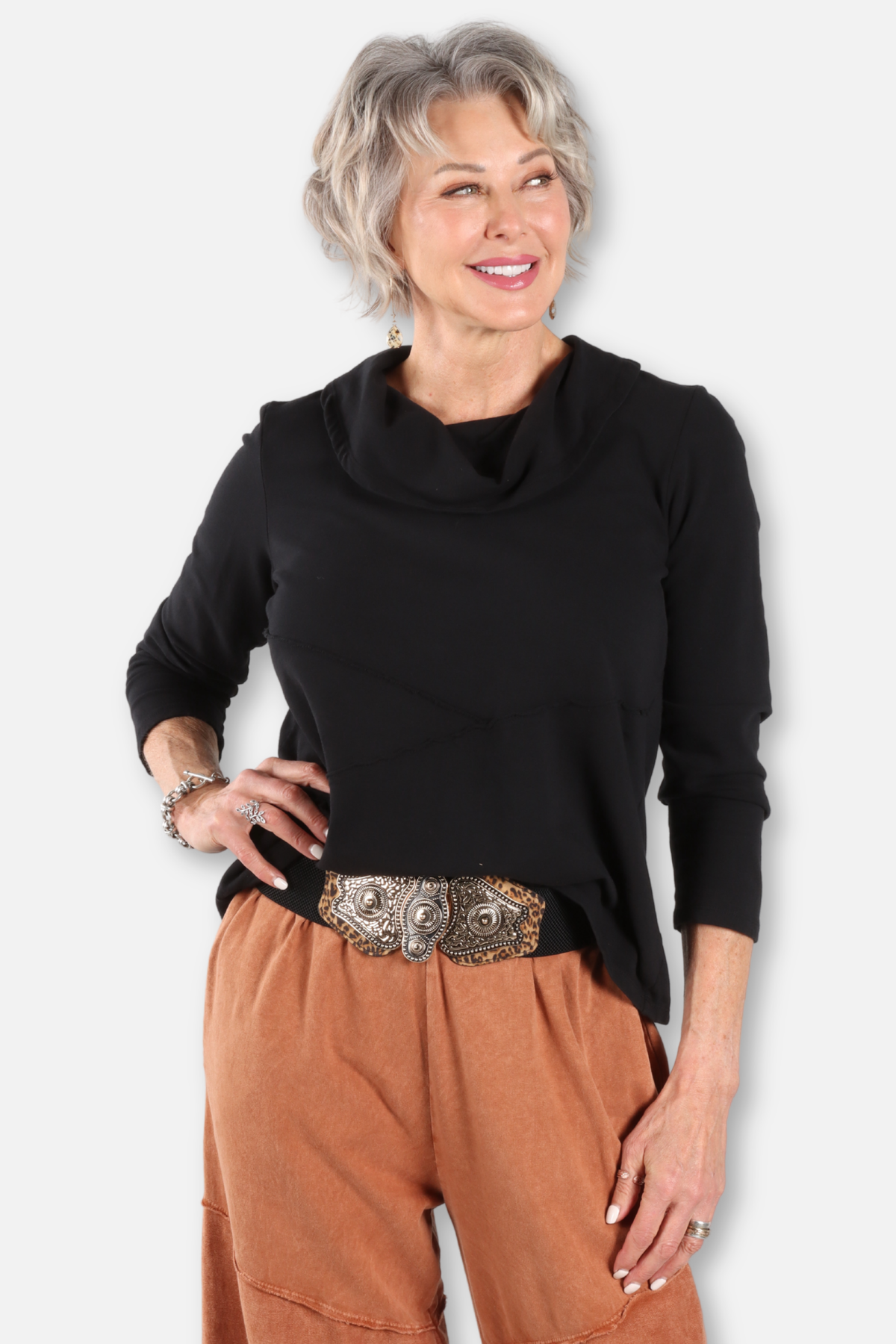 Cowl Neck A-Line Top Plus - Black