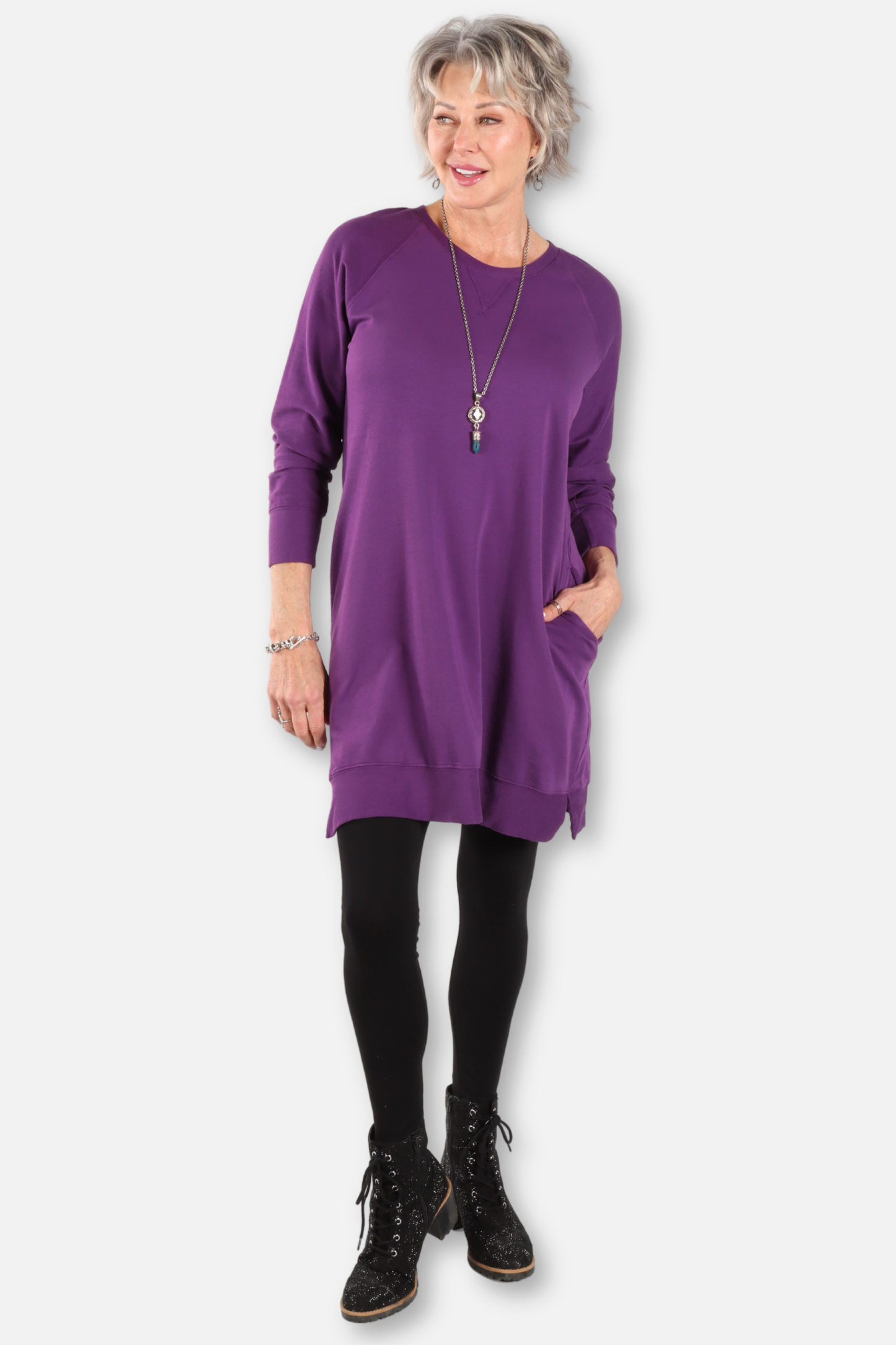 Long Raglan Pocket Tunic - Grape