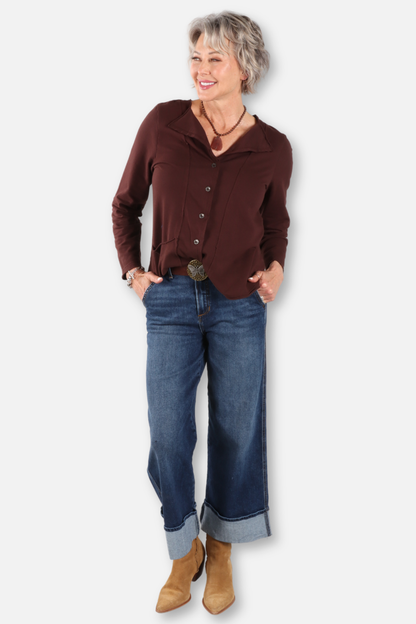 Folded Down Collar Cardigan Plus - Chestnut