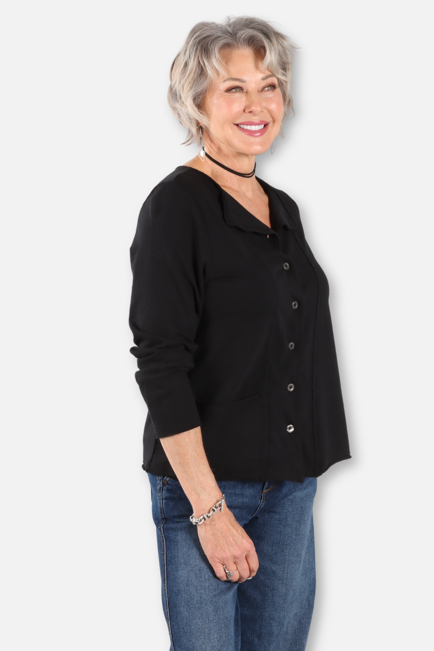 Folded Down Collar Cardigan Plus - Black