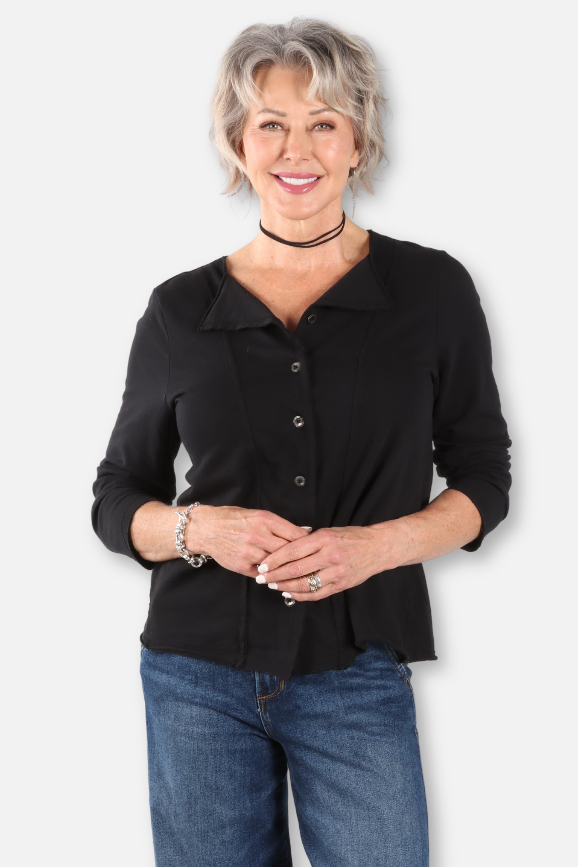 Folded Down Collar Cardigan - Black