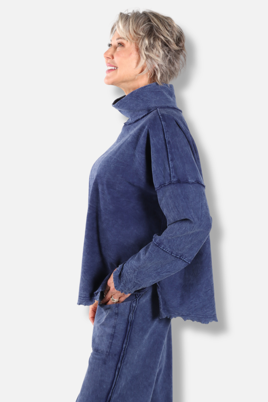 Funnel Neck Boxy Sweatshirt - Mineral Washed Indigo