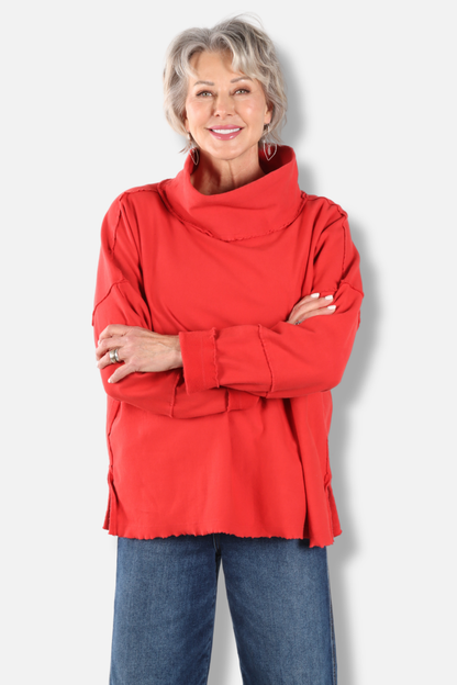 Funnel Neck Boxy Sweatshirt - Red