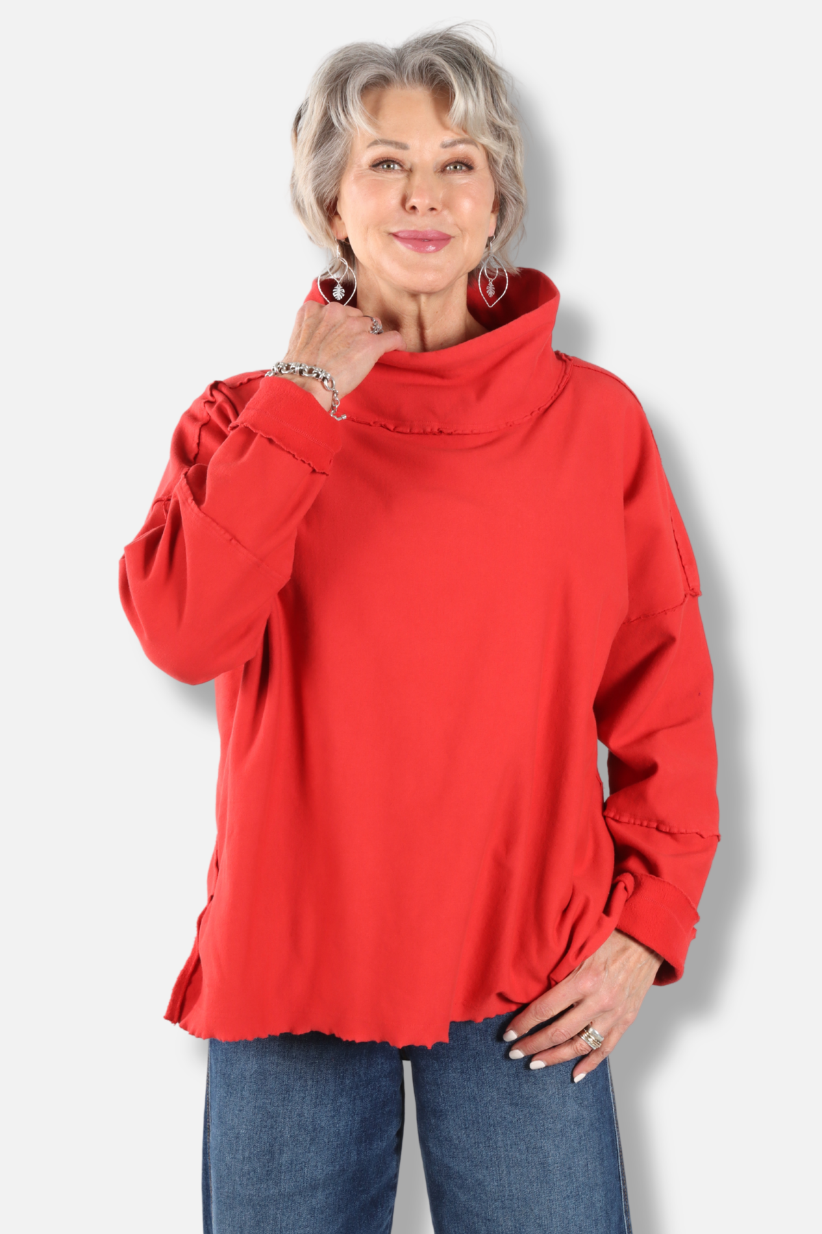 Funnel Neck Boxy Sweatshirt - Red