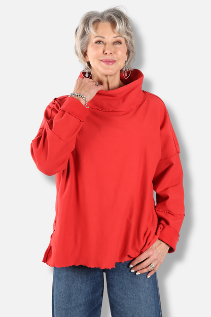 Funnel Neck Boxy Sweatshirt - Red