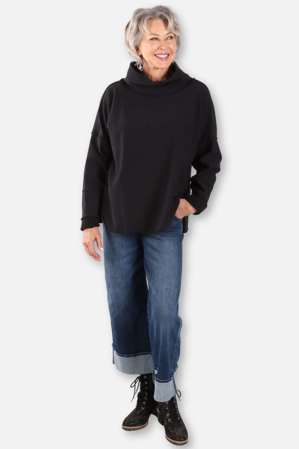 Funnel Neck Boxy Sweatshirt - Black 