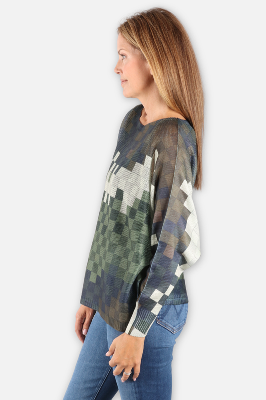 Patchwork Plaid Sweater - Green & Grey