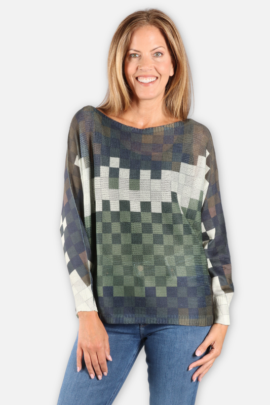 Patchwork Plaid Sweater - Green & Grey