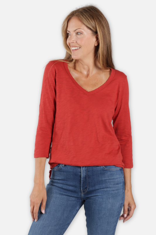 3/4 Sleeve V-Neck Tee - Rust Flare