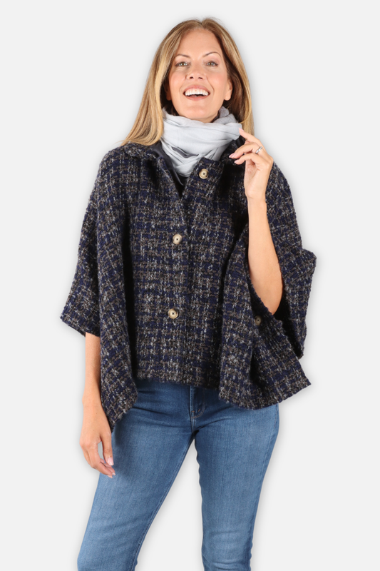 Checked Knit Cape - Blue Multi