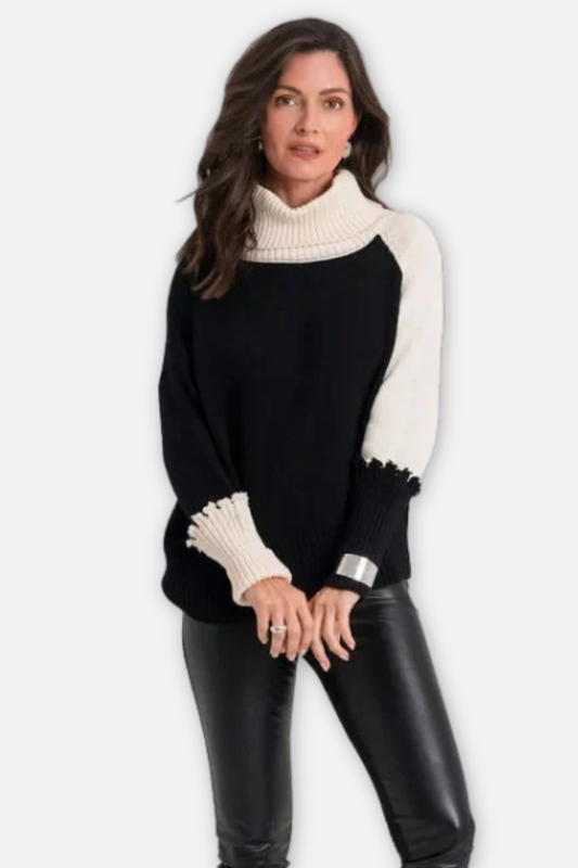2 Tone Turtleneck Sweater - Black & Stone