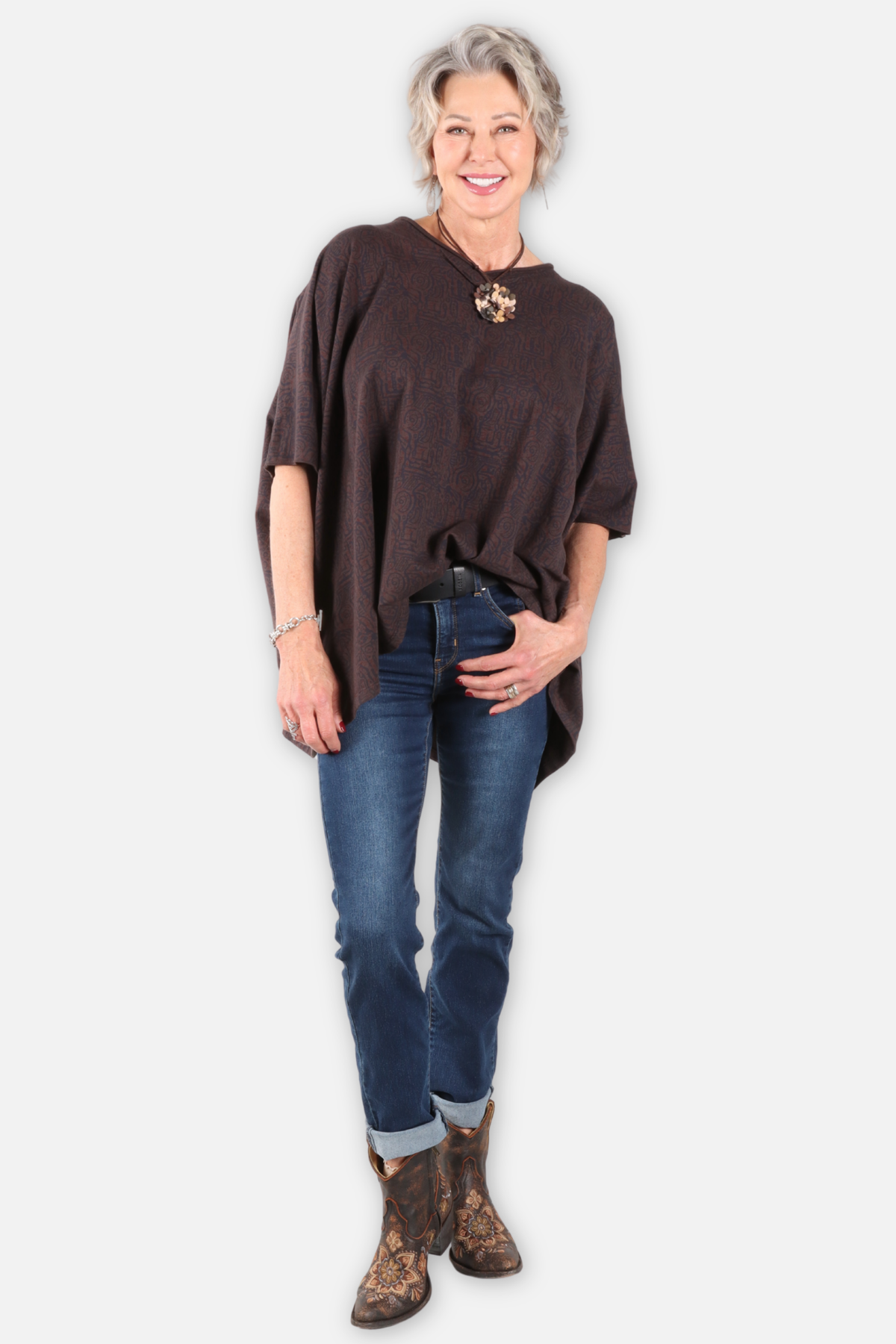 Elbow Sleeve V Tunic - Dark Chocolate Odyssey Print