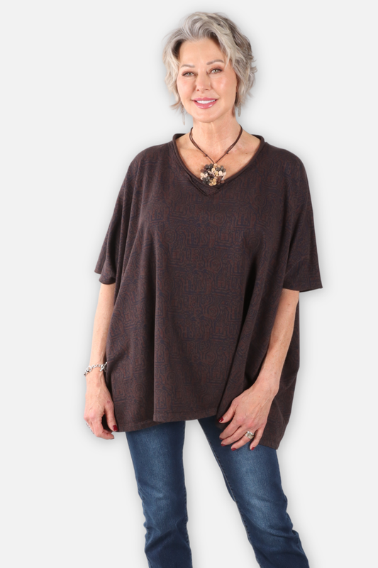 Elbow Sleeve V Tunic - Dark Chocolate Odyssey Print