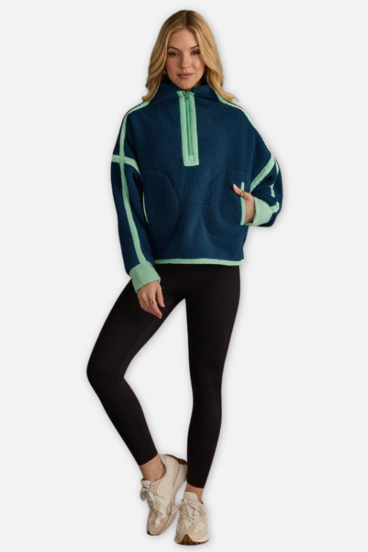 Half Zip Sherpa Fleece Sweatshirt - Navy & Mint