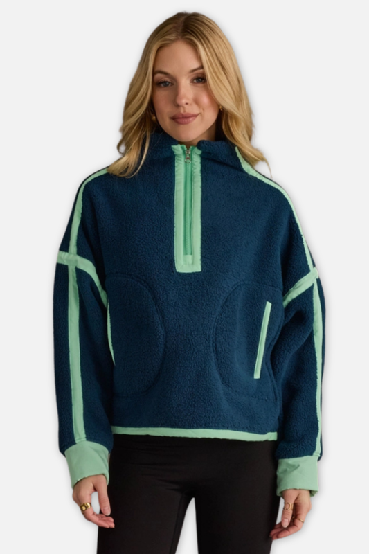 Half Zip Sherpa Fleece Sweatshirt - Navy & Mint