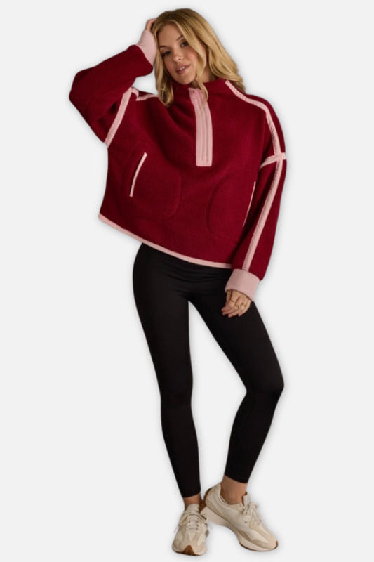 Half Zip Sherpa Fleece Sweatshirt - Burgundy & Pink