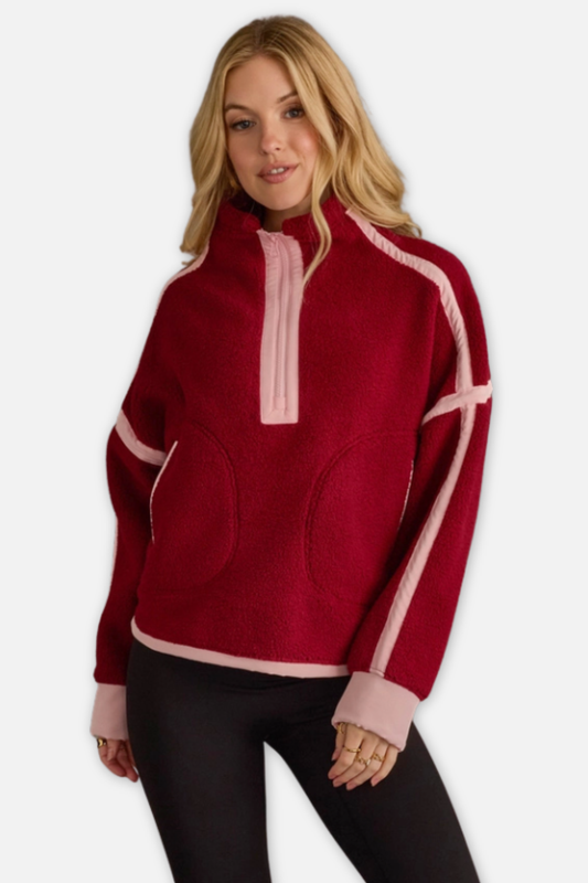 Half Zip Sherpa Fleece Sweatshirt - Burgundy & Pink