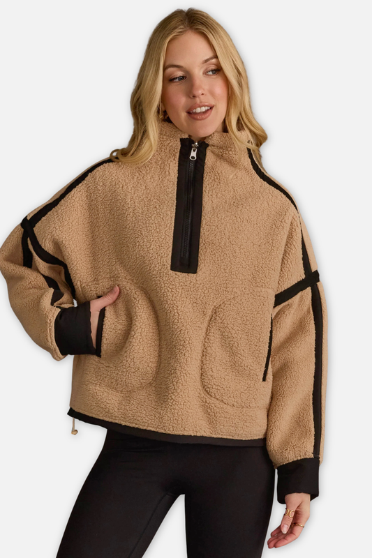 Half Zip Sherpa Fleece Sweatshirt - Tan & Black