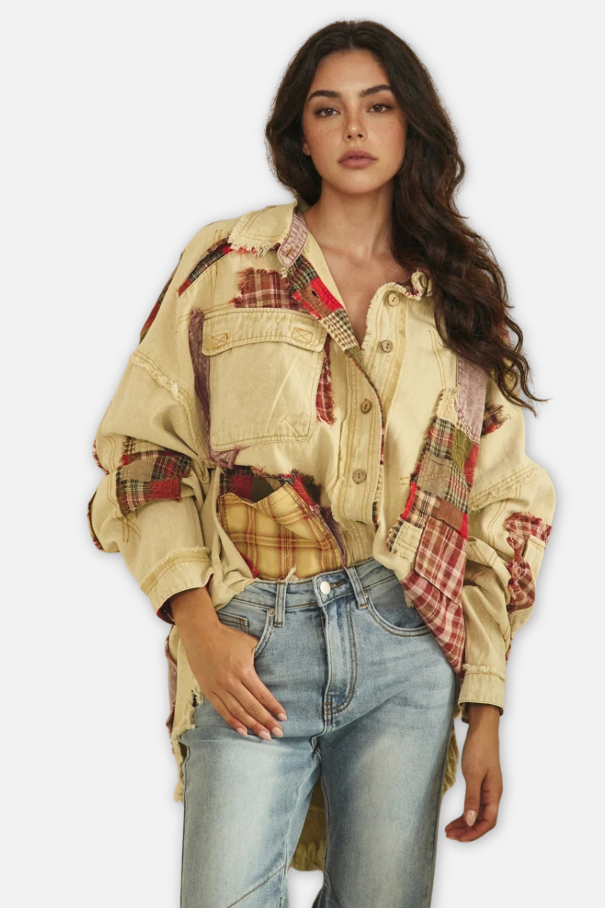 Washed Multi Pocket Button Down Shacket - Tan/Brick