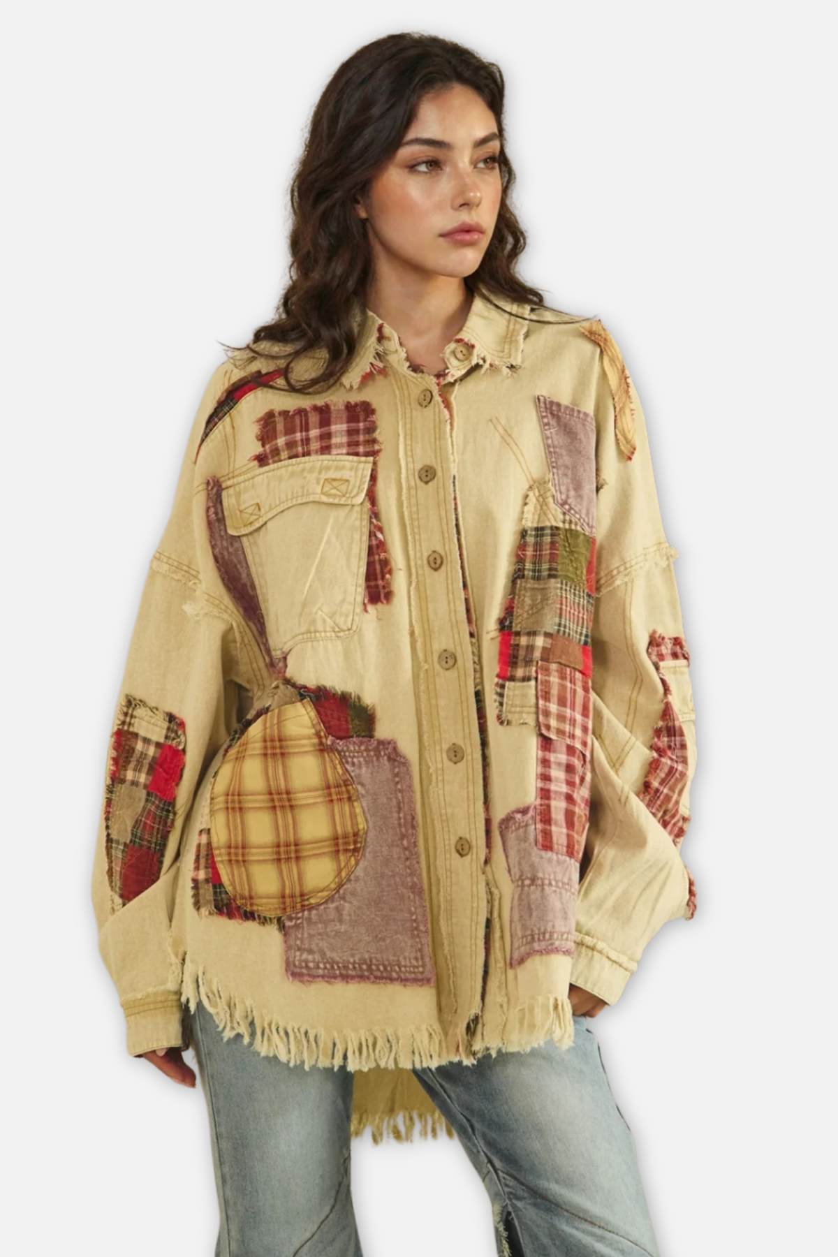 Washed Multi Pocket Button Down Shacket - Tan/Brick