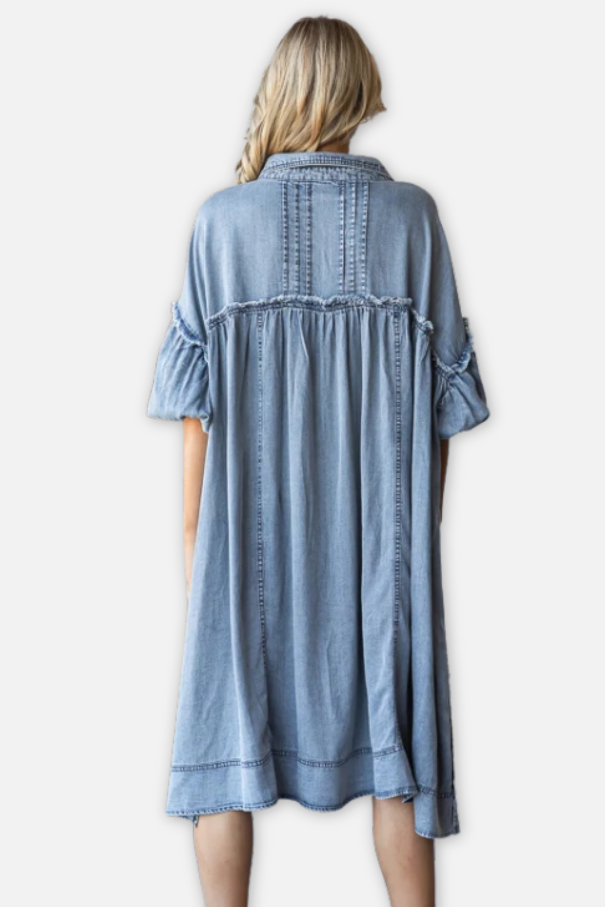 Bubble Sleeve Shirt Midi Dress - Denim