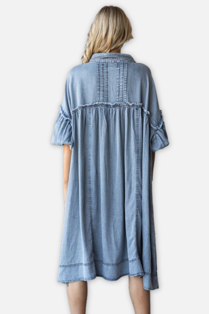 Bubble Sleeve Shirt Midi Dress - Denim