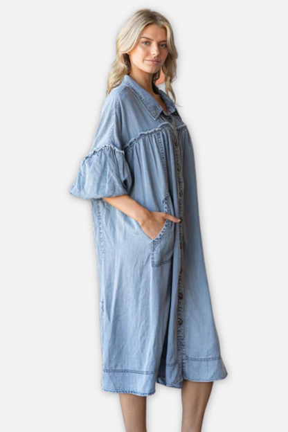 Bubble Sleeve Shirt Midi Dress - Denim