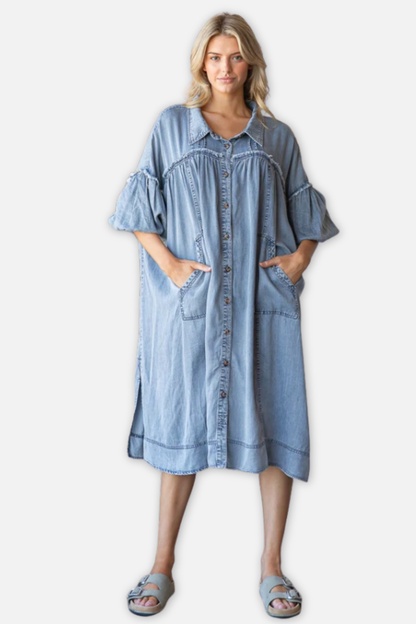 Bubble Sleeve Shirt Midi Dress - Denim