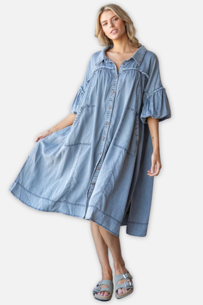 Bubble Sleeve Shirt Midi Dress - Denim