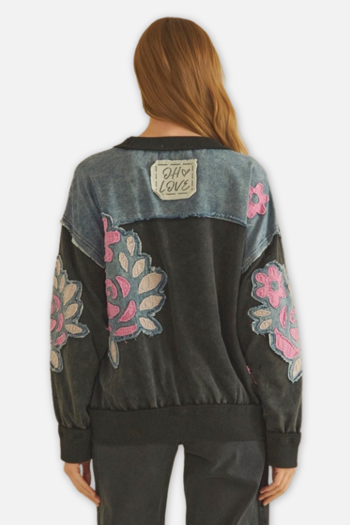 Floral Patched Crewneck Top - Black