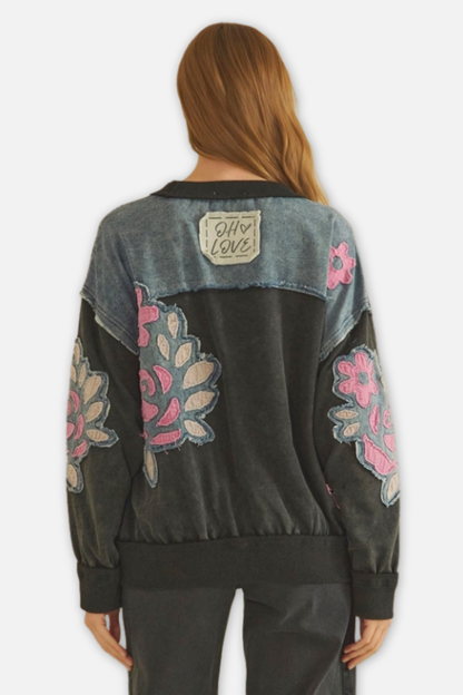 Floral Patched Crewneck Top - Black