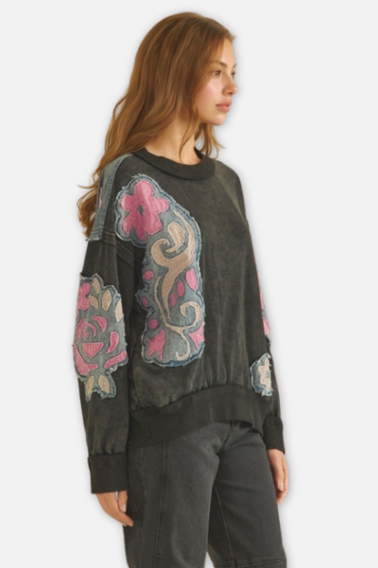 Floral Patched Crewneck Top - Black
