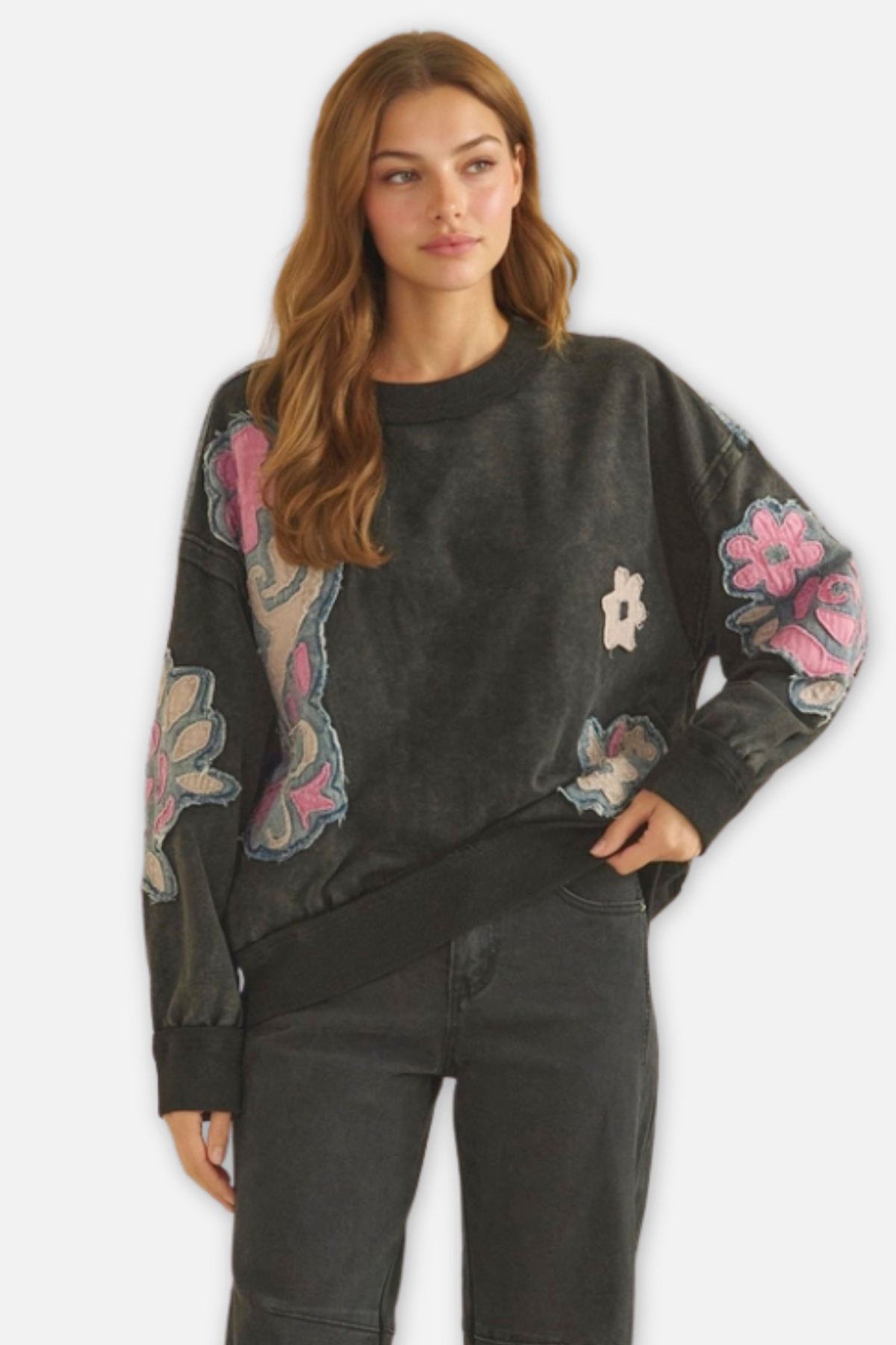 Floral Patched Crewneck Top - Black
